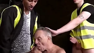 Toothless grandpa sucks a handful of miners